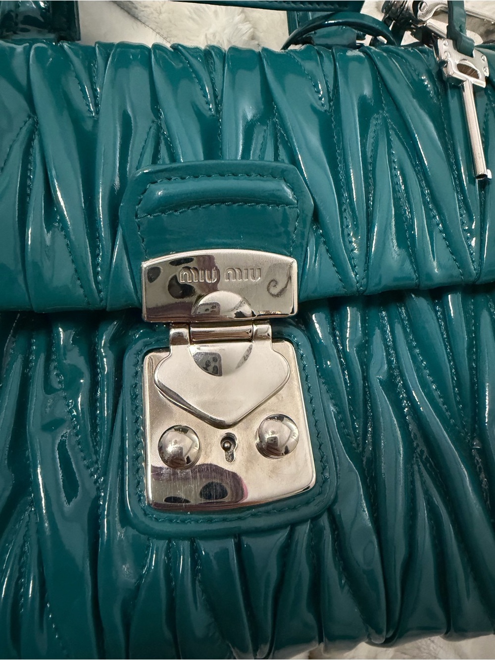 Miu Miu Teal Matelassé Patent Leather Top-Handle Bag - Picture 16 of 16